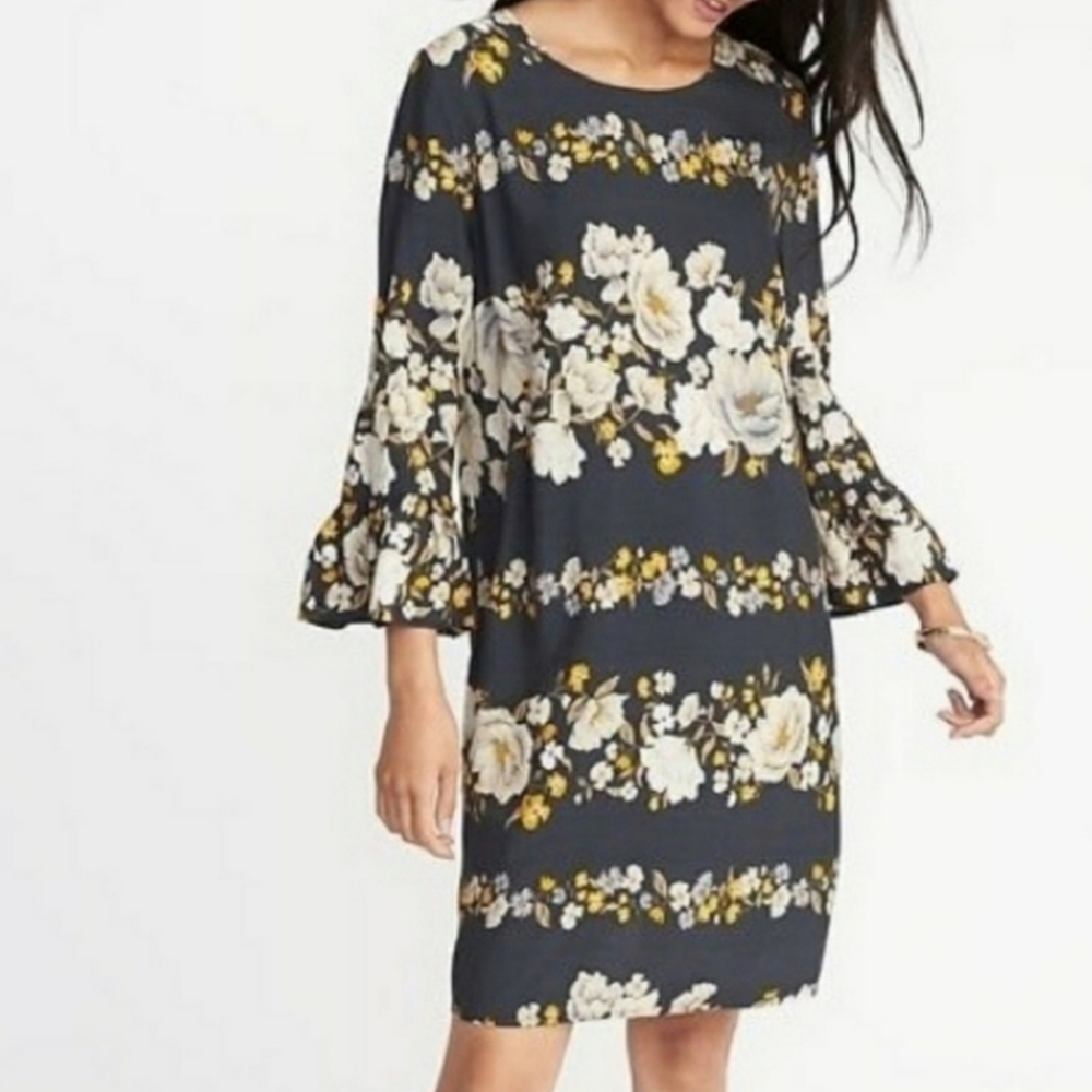OLD NAVY Gray & Yellow Floral Bell Sleeve Shift Dress